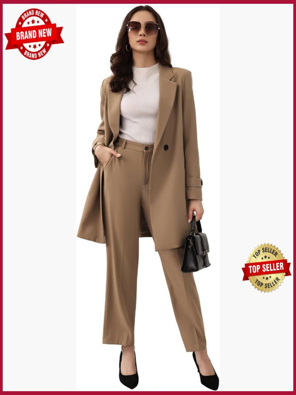 Women's Long Blazer Pantsuit 2 Piece Set Casual Business Suit Jacket
